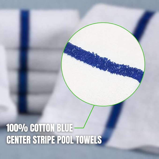 Towels N More 24x48 Soft Poolside Towels - 36 Large Super Absorbent Pool Towel White and Blue Center Stripe - Ideal for Home, Pool, Spa, Gym, Hotel, Motel Rental Room Use - 100% Cotton Bath Towels