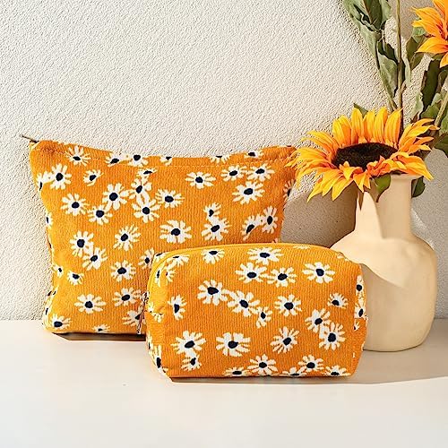SOIDRAM 2 Pieces Flower Makeup Bag Large Cosmetic Bag Capacity Canvas Mix