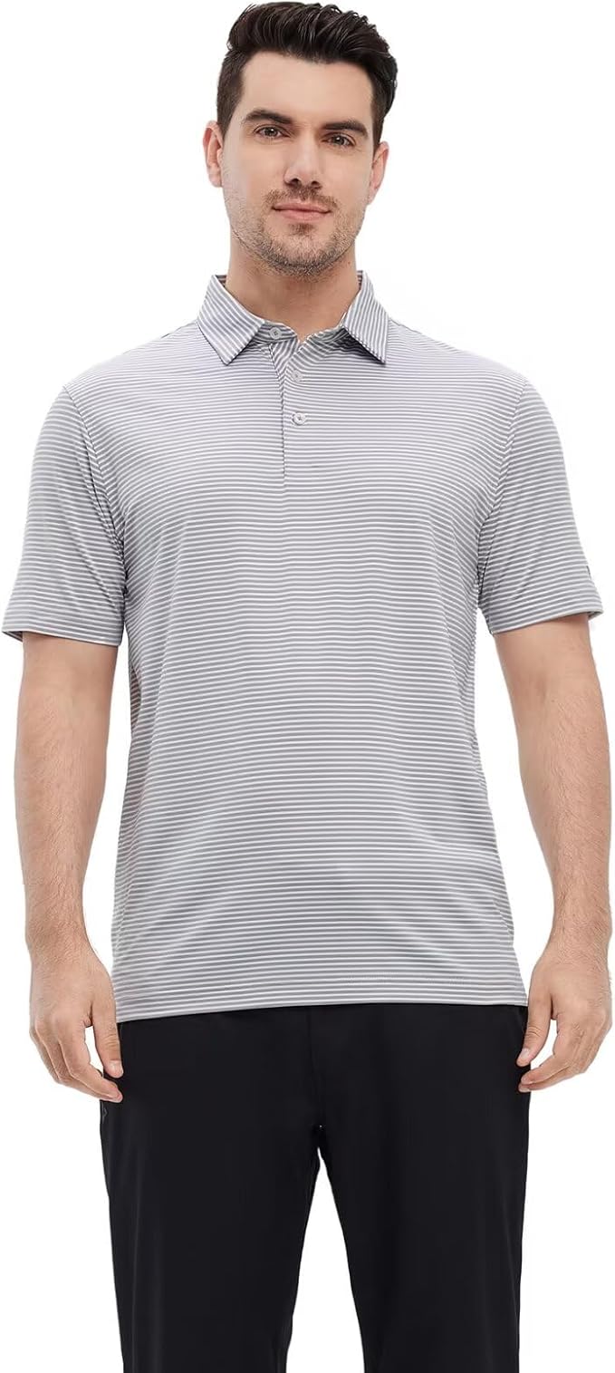 Mens Striped Performance Golf Polo Shirt - Moisture Wicking Dry Fit