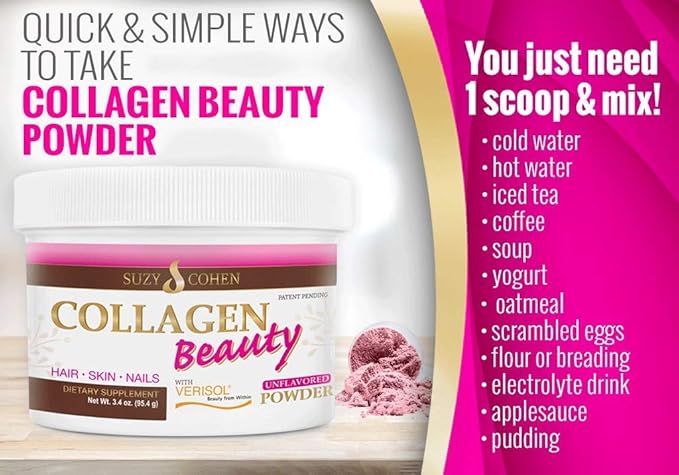 Collagen Beauty Powder™ By Suzy Cohen (3.3 oz) Anti Aging Hydrolyzed Protein Collagen Powder Type I and III for Supple Skin, Shiny Hair & Strong Nails- Unflavored Powder Drink with Verisol- Made in US