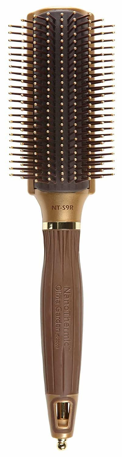 Olivia Garden NanoThermic 9 Row Styling Brush in metallic gold and warm chocolate brown