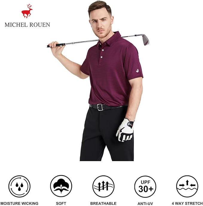 Mens Striped Performance Golf Polo Shirt - Moisture Wicking Dry Fit