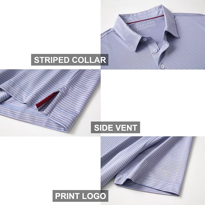 Men's Striped Performance Golf Polo Shirt Moisture Wicking Dry Fit