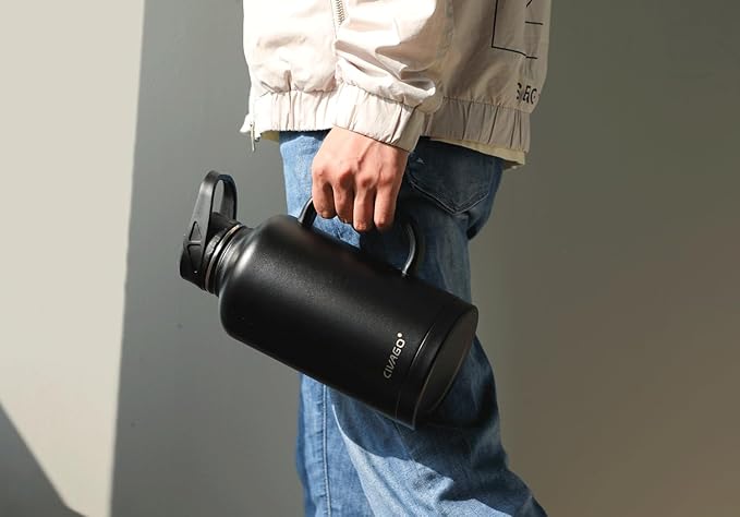 CIVAGO 64 oz Insulated Water Bottle Jug with Straw and Handle, Half Gallon Stainless Steel Water Flask, Large Sports Metal Water Bottle with Straw Lid (3 Lids), Big Thermal Mug Cup, Black