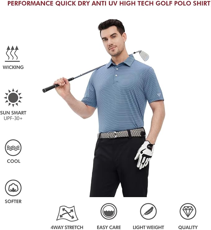 Men's Striped Moisture Wicking Golf Polo Quick Dry Sport Shirt