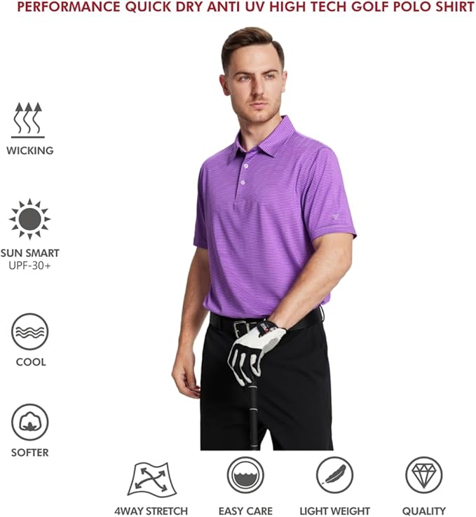 Men's Striped Performance Golf Polo Shirt Moisture Wicking Dry Fit