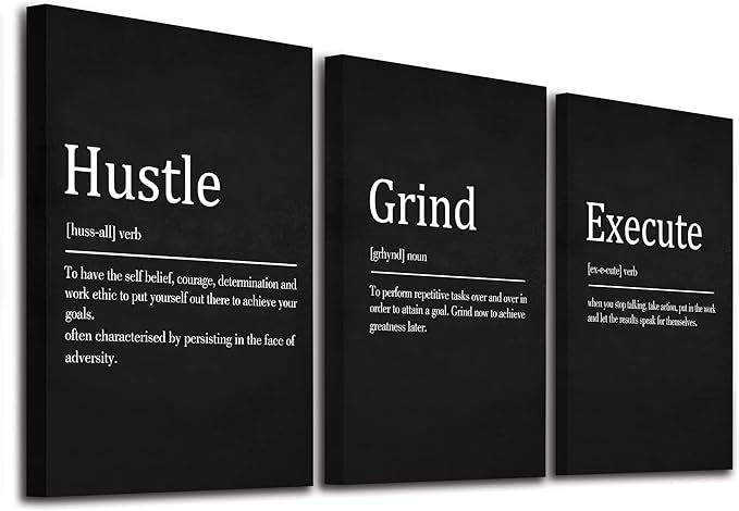 EPHANY Hustle Grind Execute - Wall Hanging Decor, Framed Canvas Office Art, Set of 3 Inspirational Prints