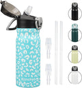 Insulated Water Bottle with Straw and Carry Loop,18 oz Stainless Steel Double Wall Vaccum Metal Water Flask with Leak-proof Lid,Blue Leopard