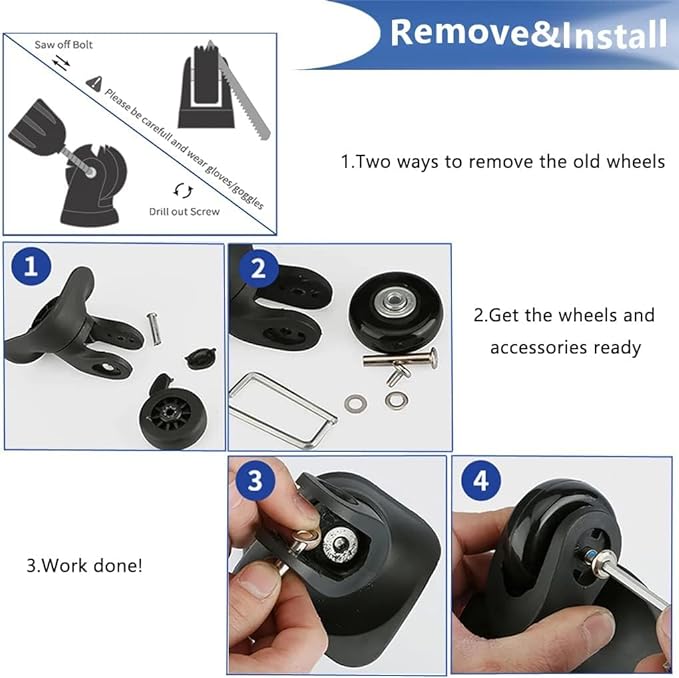 45mm 4PCS Luggage Replacement Wheels & Hacksaw for Trolley Case Bags; Inline, Swivel, Rubber & Roller Bearings Repair Kits with Axles
