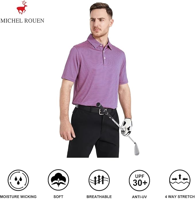 Men's Striped Performance Golf Polo Shirt - Moisture Wicking UPF 30