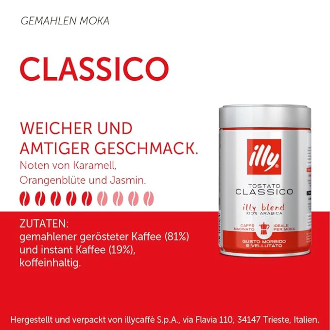 illy Ground Coffee Moka - 100% Arabica Flavored Coffee Ground - Rich Aromatic Coffee Grounds Profile – Classico Medium Roast - Notes of Caramel, Orange Blossom & Jasmine - No Preservatives – 8.8 Ounce