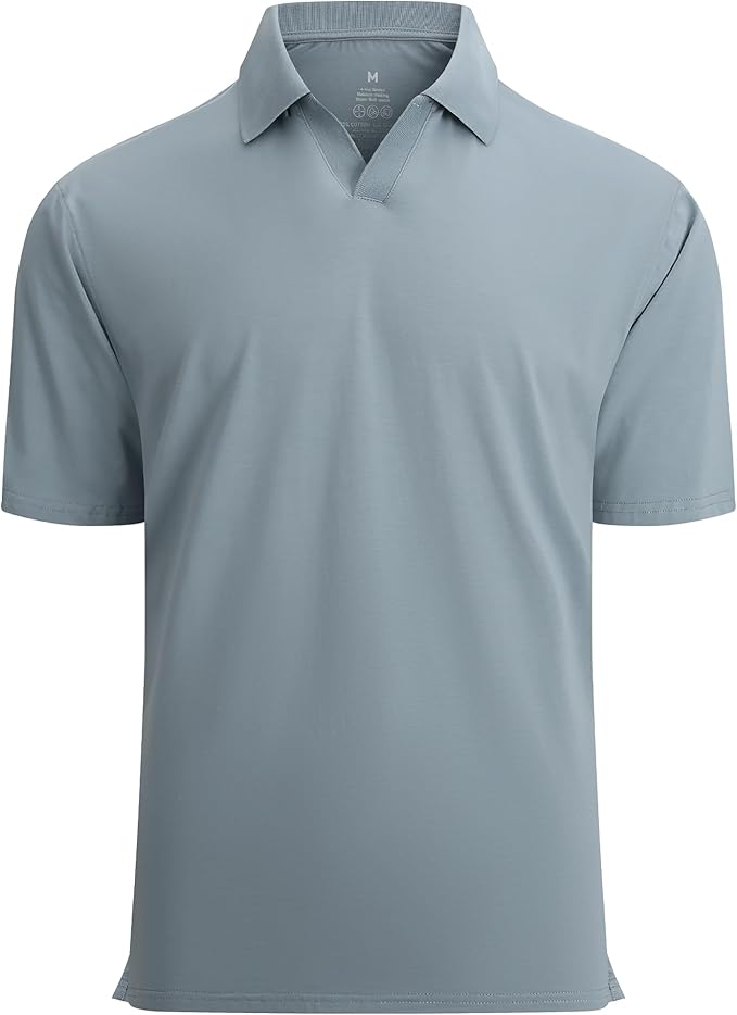 Close-up view of men's jacquard V-neck cotton polo shirt in a breathable fabric