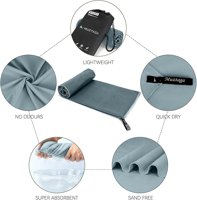 Microfiber Beach Towel-Perfect for Travel, Sports, Camping, Swimming, Yoga, Gym- Quick Dry, Sand Free, Compact, Lightweight, Absorbent (Grey,Small(101x50cm, 40x20”))
