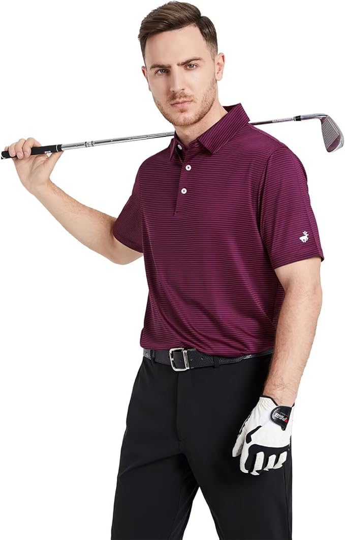 Mens Striped Performance Golf Polo Shirt - Moisture Wicking Dry Fit