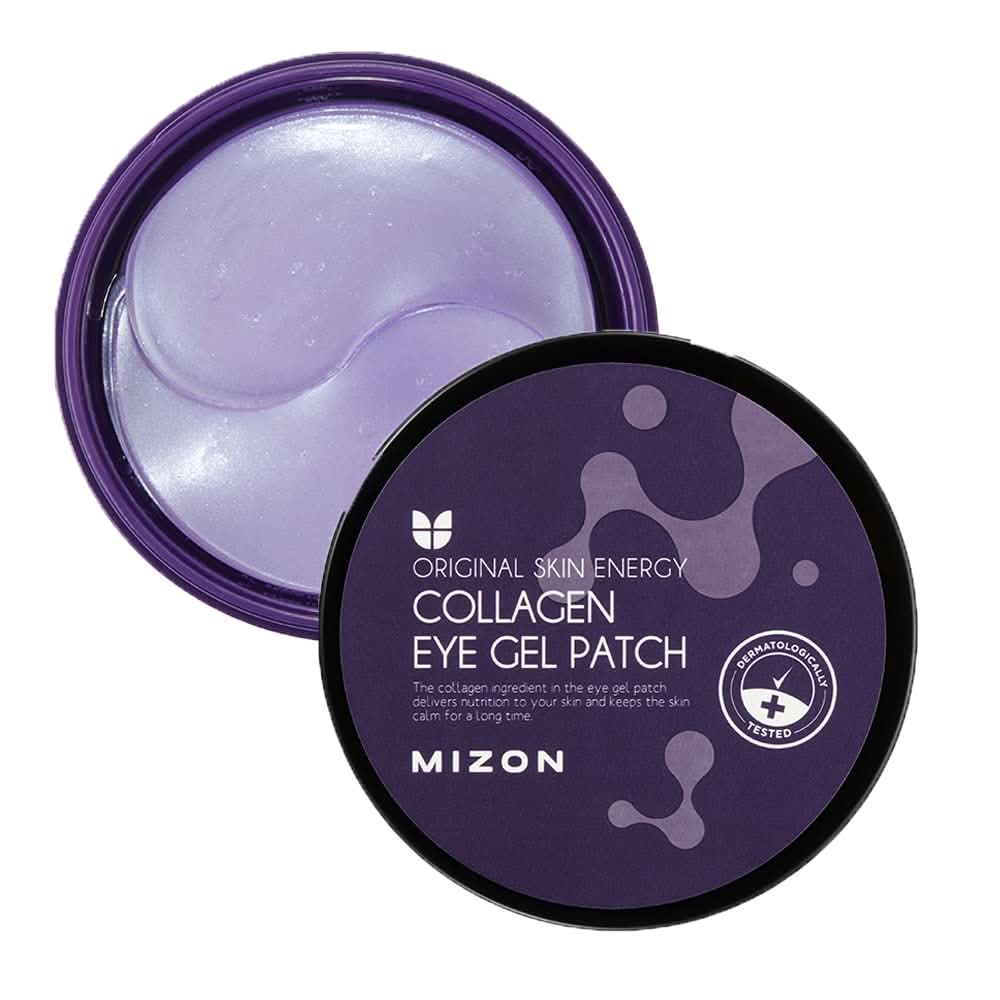 Jar of MIZON Collagen Eye Gel Patches featuring 60 individual gel masks