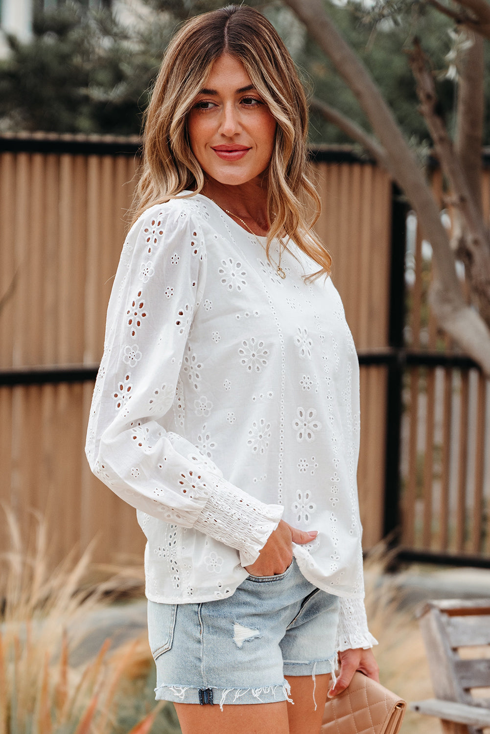 White Solid Eyelet Embroidered Long Sleeve Smocked Blouse - Image 3