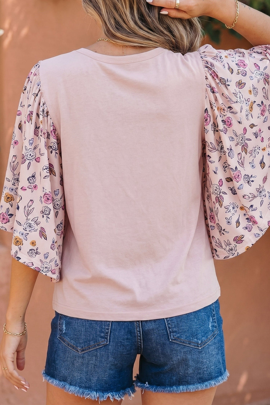 Pink Floral Patchwork Blouse with Flowy Half Sleeves