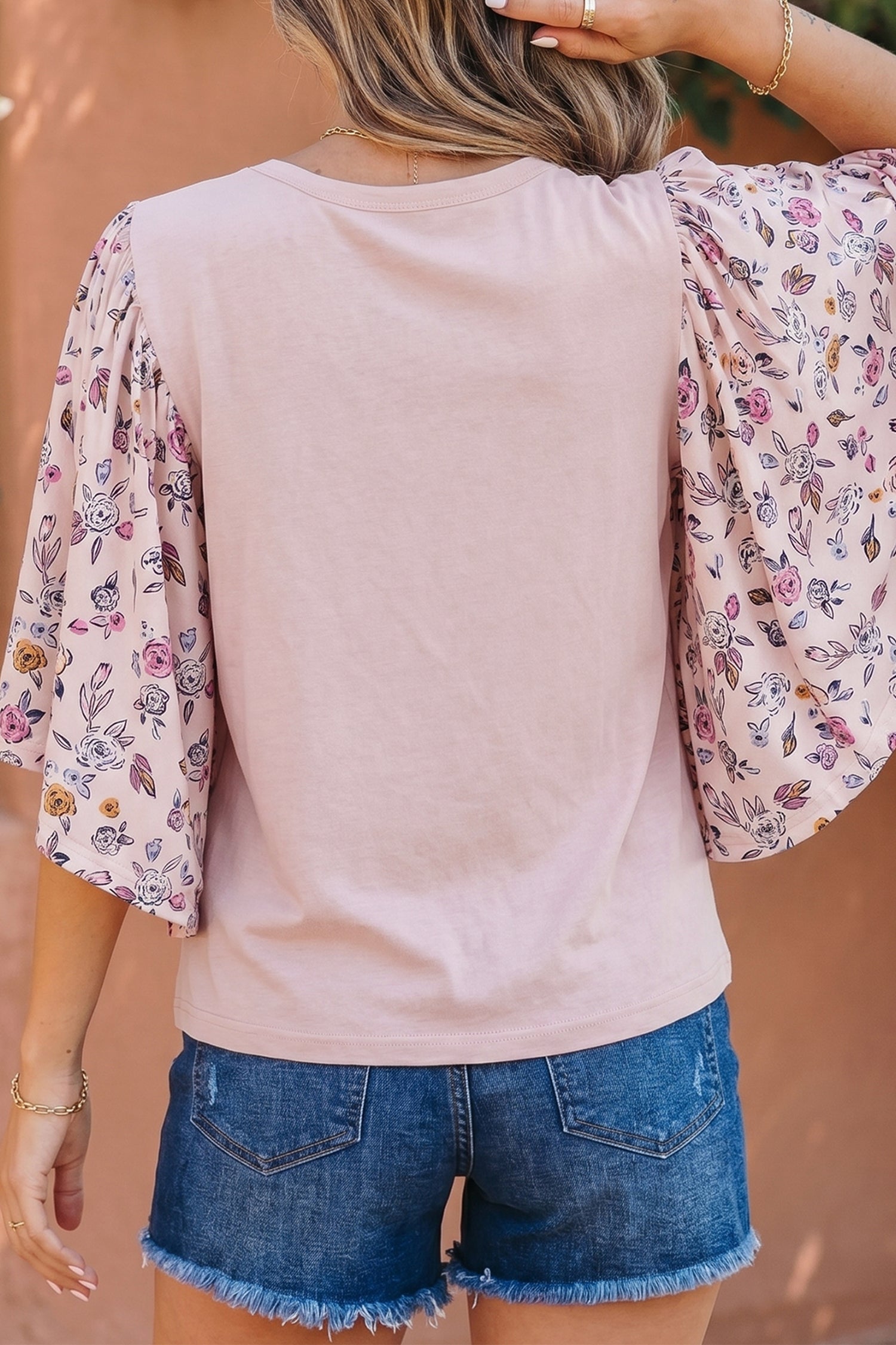 Pink Floral Patchwork Blouse with Flowy Half Sleeves
