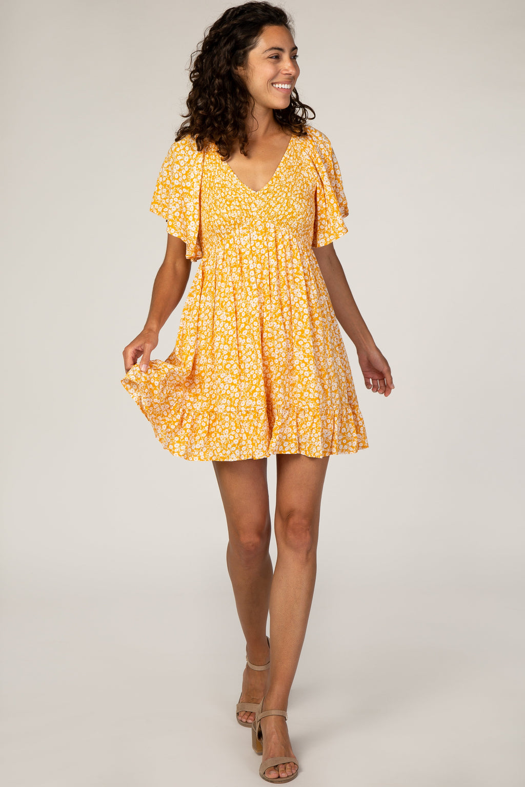 Yellow Floral Smocked Ruffle Mini Dress with V-Neck - Image 2