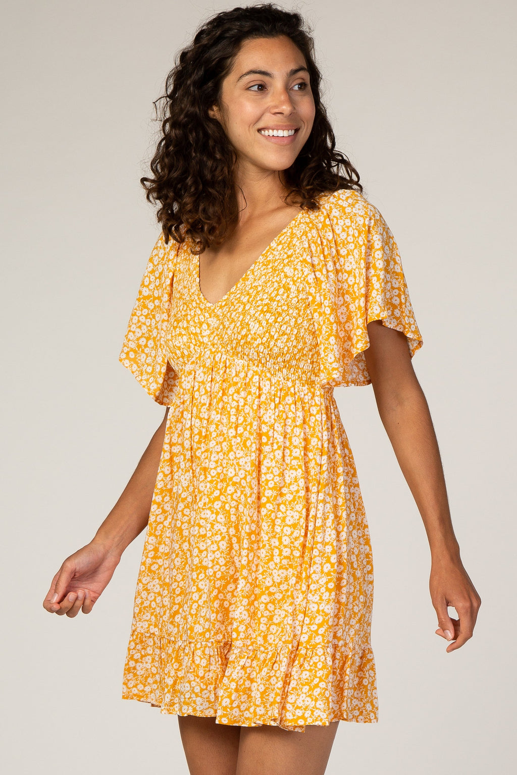 Yellow Floral Smocked Ruffle Mini Dress with V-Neck - Image 3