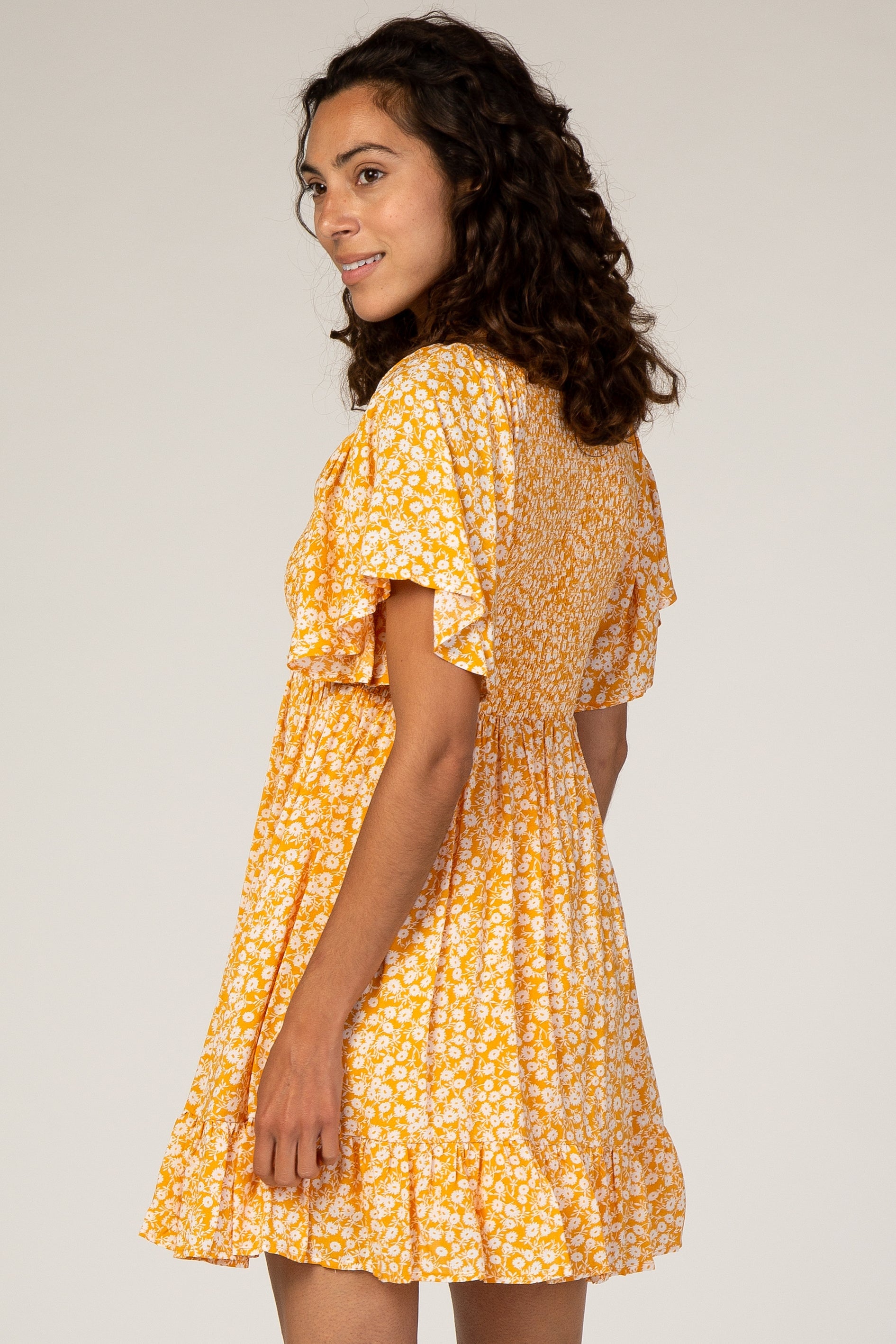 Yellow Floral Smocked Ruffle Mini Dress with V-Neck - Image 4