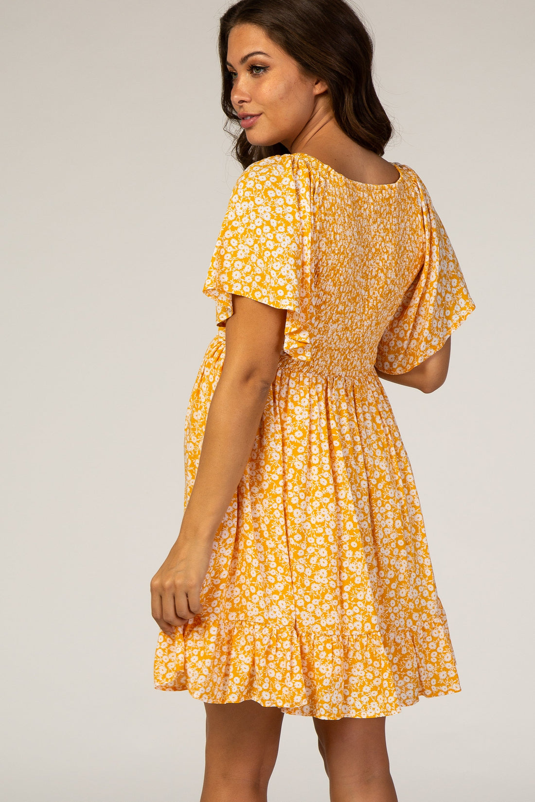 Yellow Floral Smocked Ruffle Maternity Mini Dress - Image 2