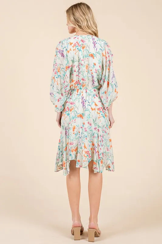 Lime 'N' Chili Floral Cinched Waist Balloon Sleeve V-Neck Dress