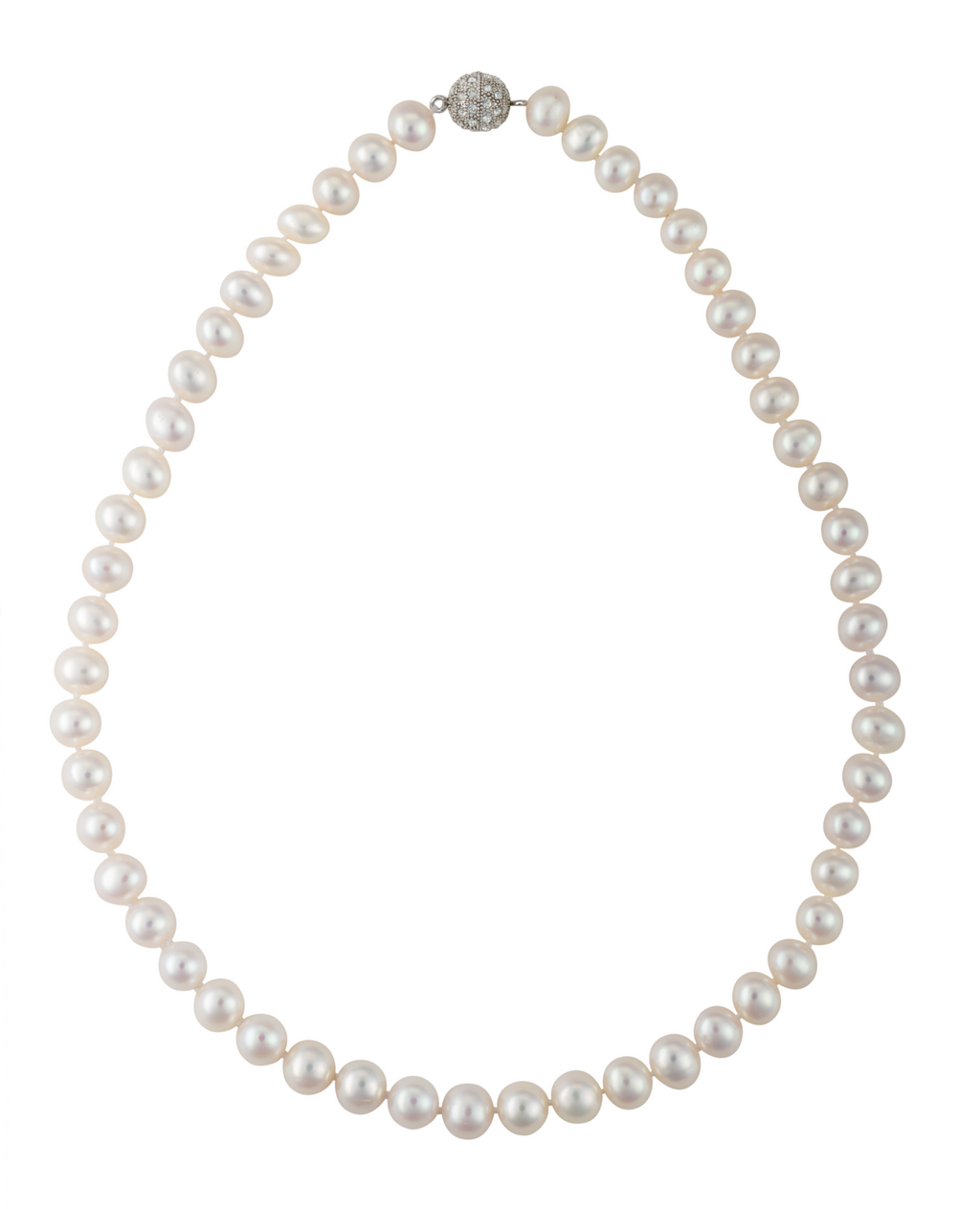 A classic 18-inch strand of white freshwater pearls with a round, crystal-encrusted magnetic clasp.
