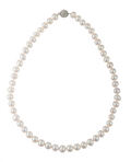 A classic 18-inch strand of white freshwater pearls with a round, crystal-encrusted magnetic clasp.