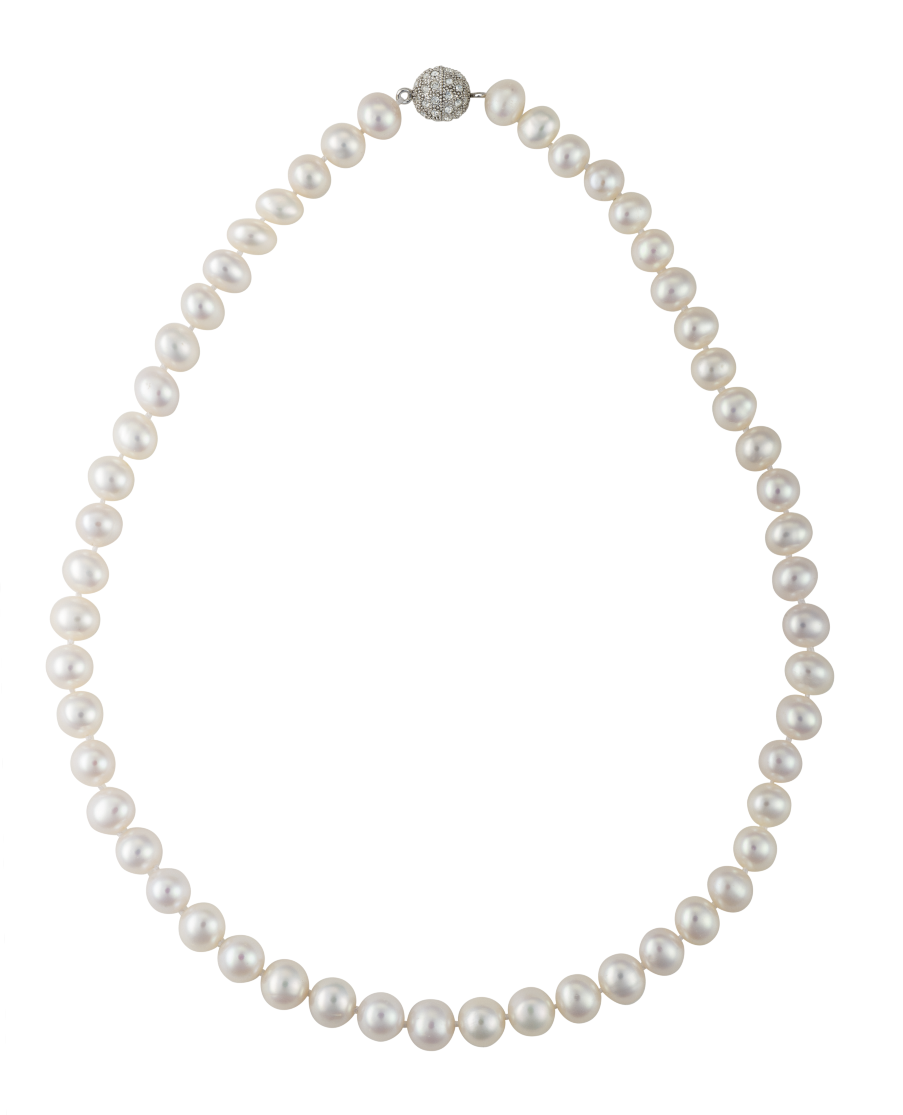 A classic 18-inch strand of white freshwater pearls with a round, crystal-encrusted magnetic clasp.
