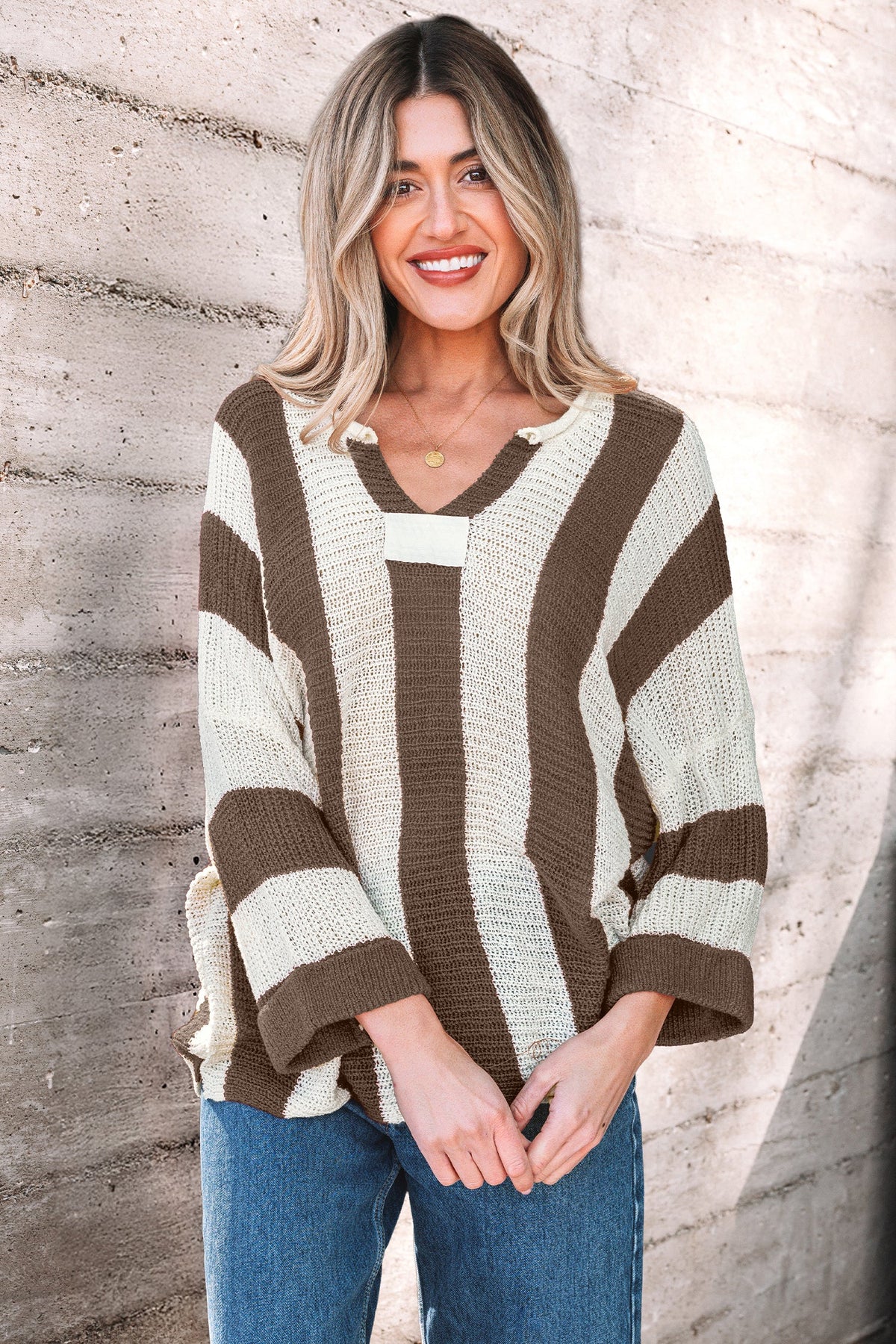 Colorblock Stripe V-Neck 3/4 Sleeve Sweater
