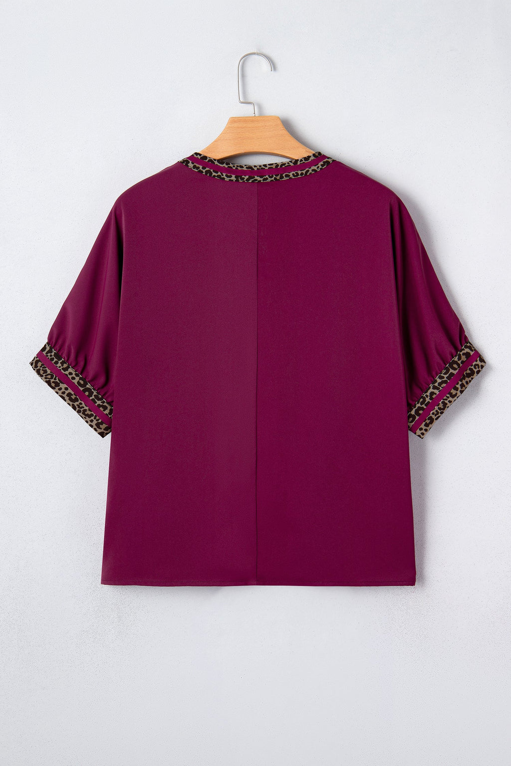 Leopard Print Contrast Trim V-Neck Short Sleeve Blouse