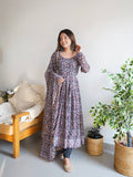 Lorenvalley Fashion black soft georgette floral print Anarkali kurta with pants and dupatta