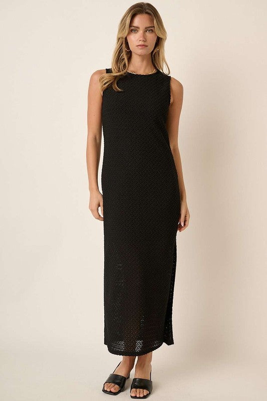 Sleeveless Side Slit Round Neck Dress in Black