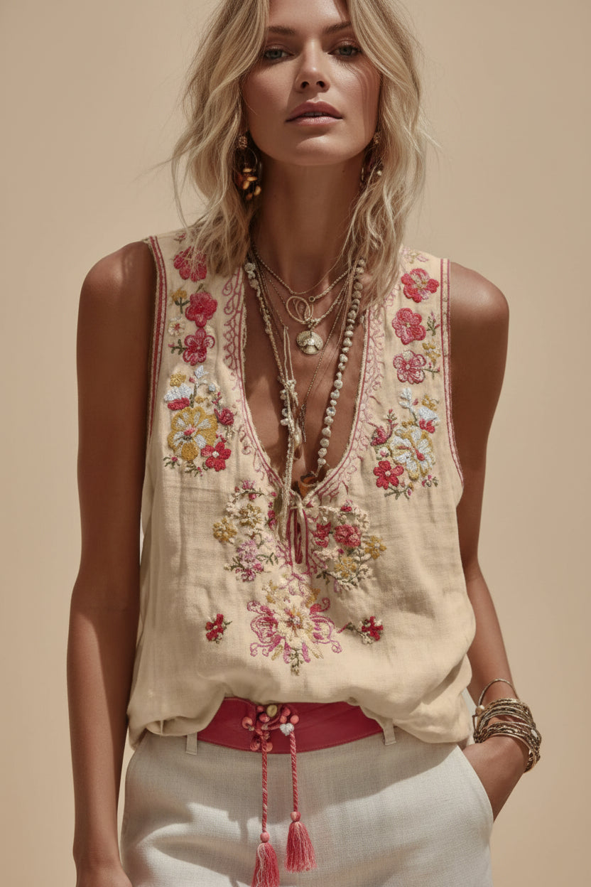 Model wearing a beige sleeveless V-neck tank top with colorful floral embroidery detail.