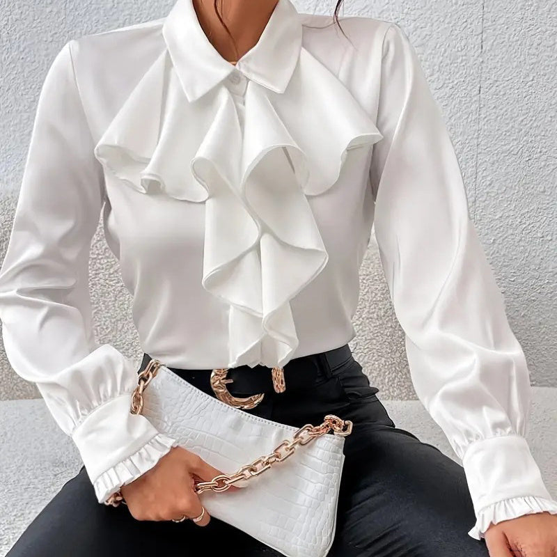 Women Ruffled Collared Long Sleeve Blouse Dressy Work Top