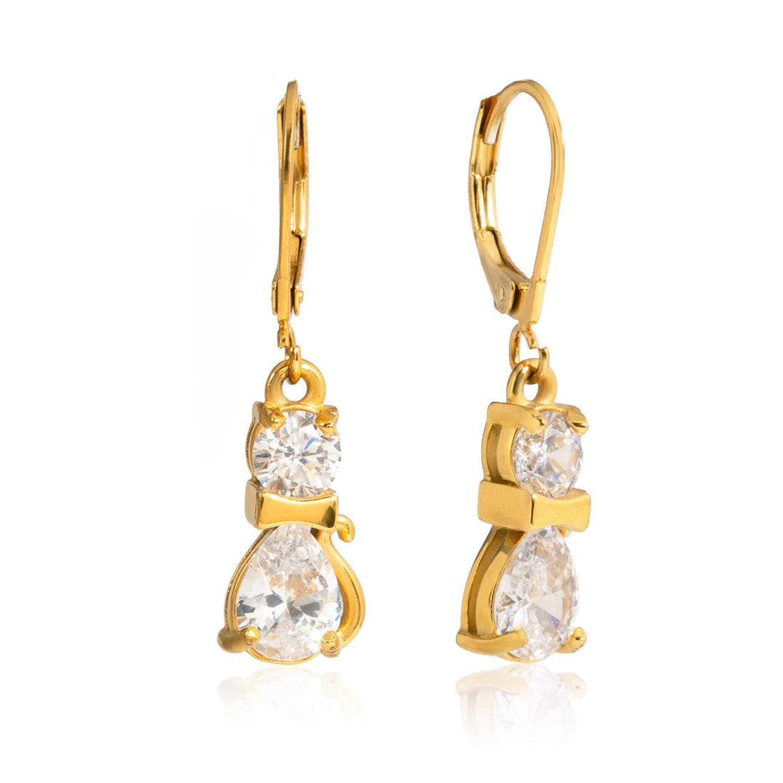 18K gold cat-shaped earrings with zircon accents and titanium steel construction
