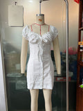 White Off-Shoulder Puff Sleeve Lace-Up Mini Sheath Dress - Image 6