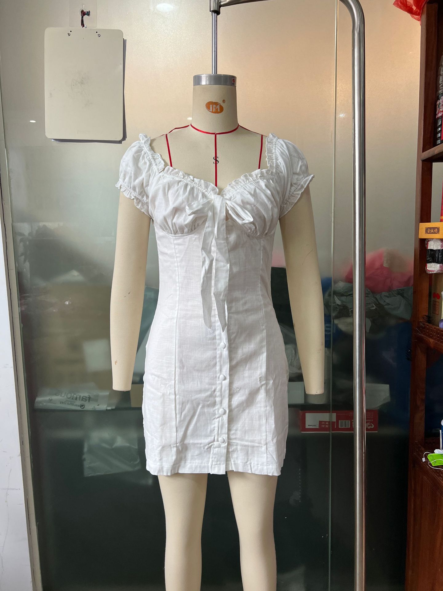 White Off-Shoulder Puff Sleeve Lace-Up Mini Sheath Dress - Image 6