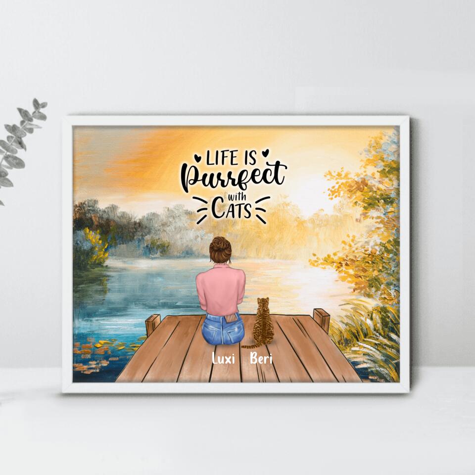 Personalized Cat Mom Poster - Gift For Cat Lovers With Up to 4 Cats - Life Is Purrfect With Cats