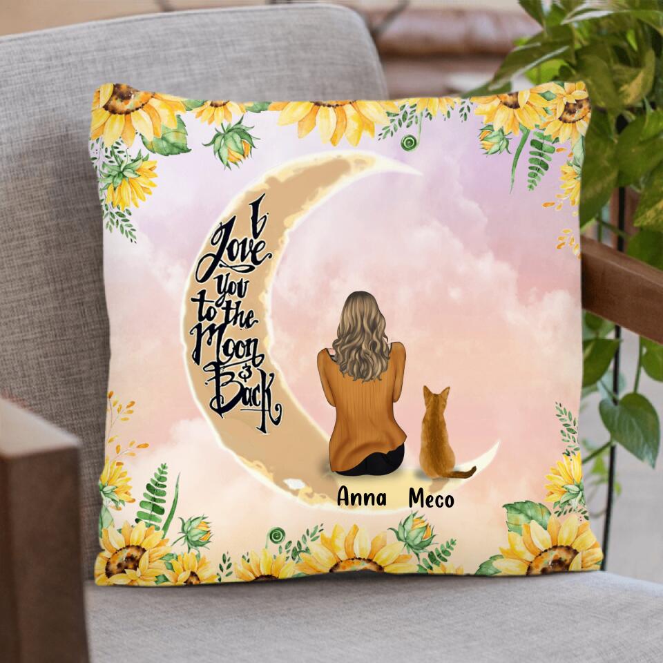 Personalized Cat Sun Flower Pillow Cover/Quilt/Fleece Throw Blanket - Up to 6 Cats - Gift Idea For Cat Lover - I Love You To The Moon And Back