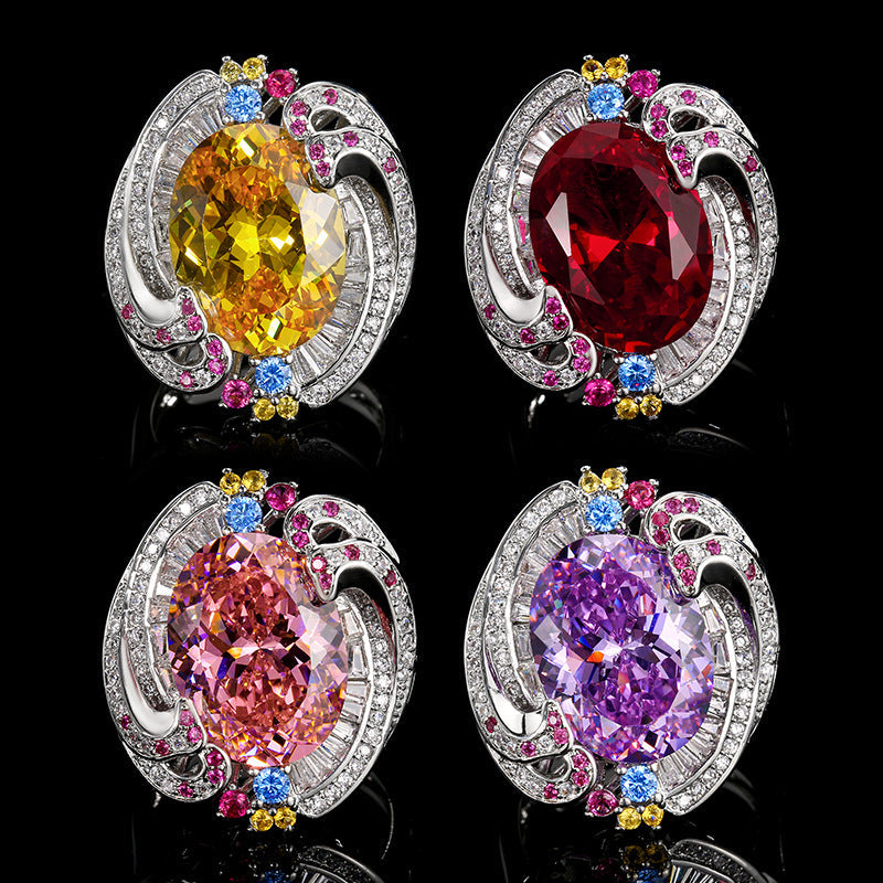 Exquisite Swirl Design Purple Amethyst Ring, Rainbow Gemstone Encrusted Cocktail Ring For Women