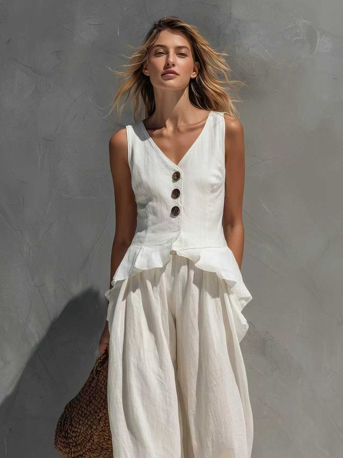 Women's Button-Front Peplum Top and Wide-Leg Pants Two-Piece Set - Image 8