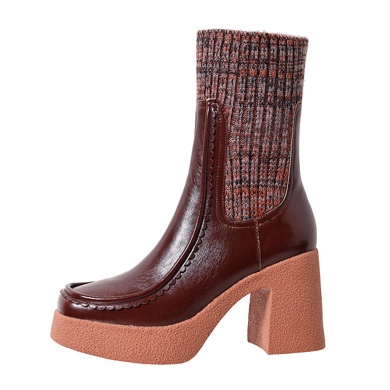 Women's Genuine Leather Chunky Platform Ankle Boots Black & Brown - Image 3