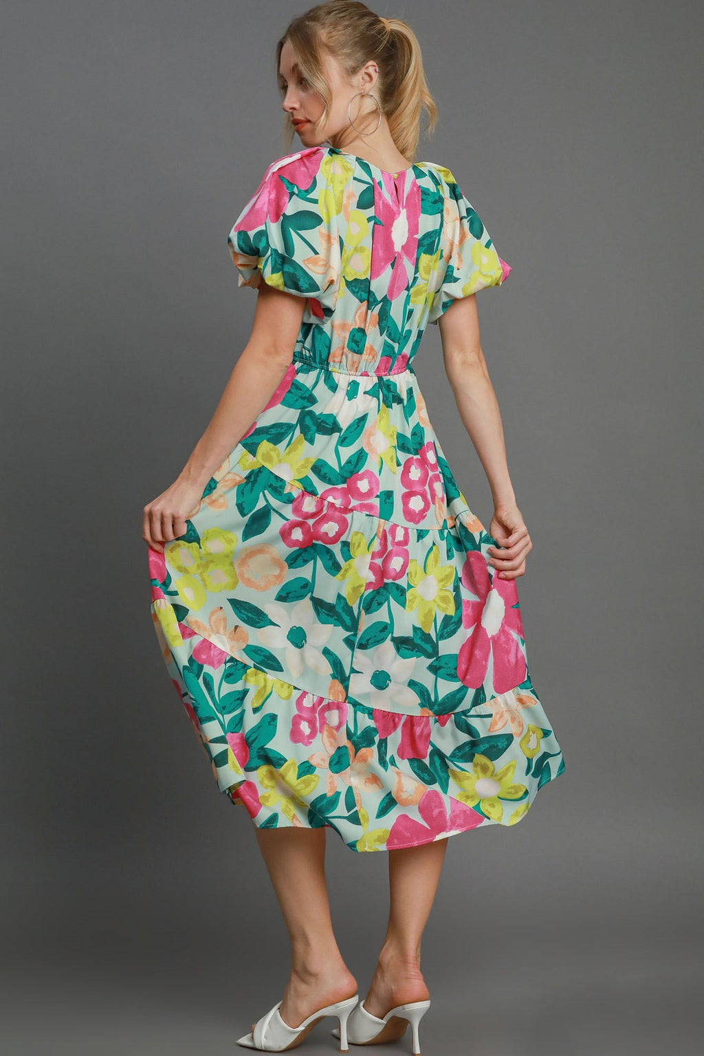 Floral Print Puff Sleeve Midi Dress Romantic Style