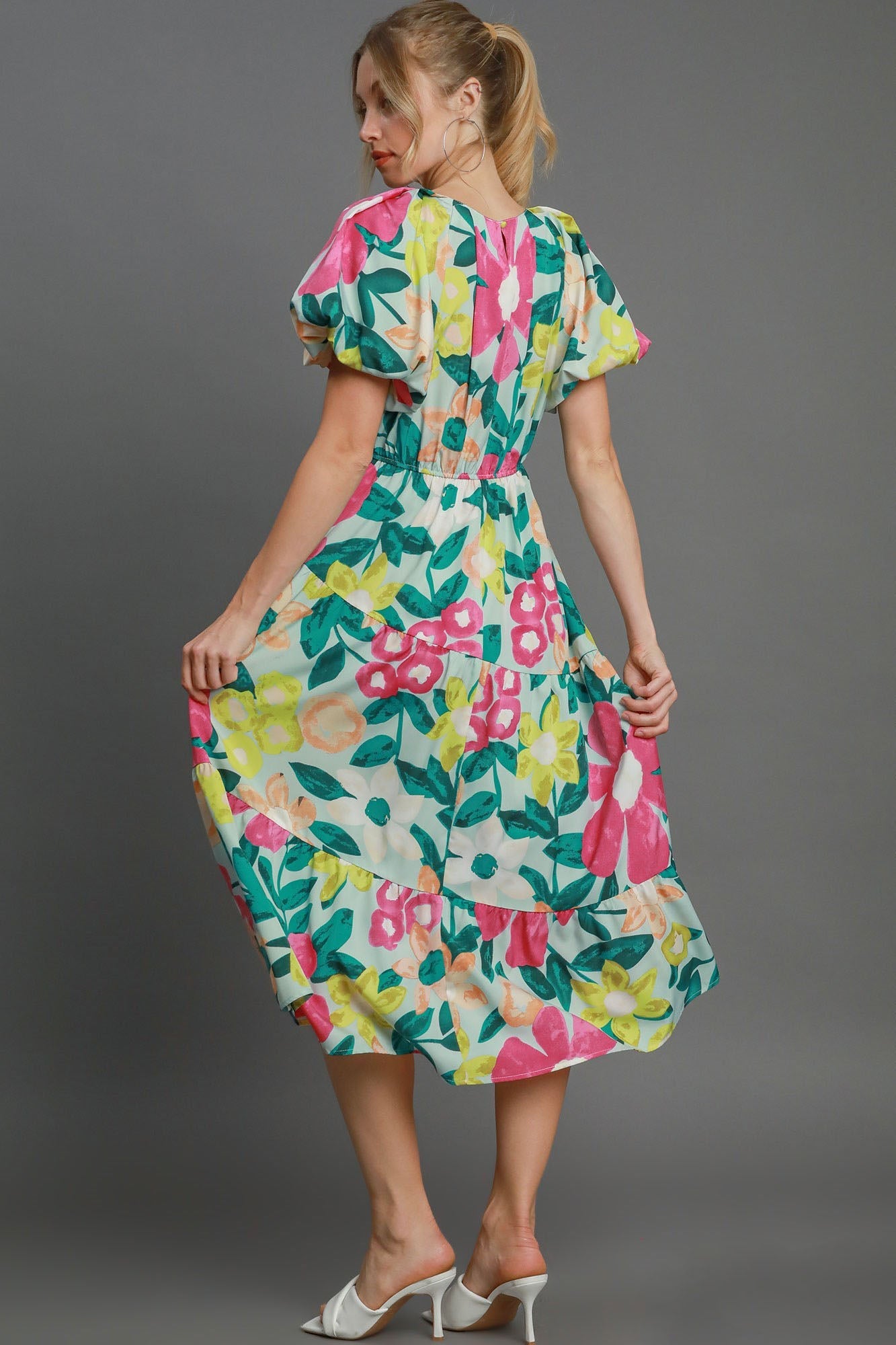 Floral Print Puff Sleeve Midi Dress Romantic Style