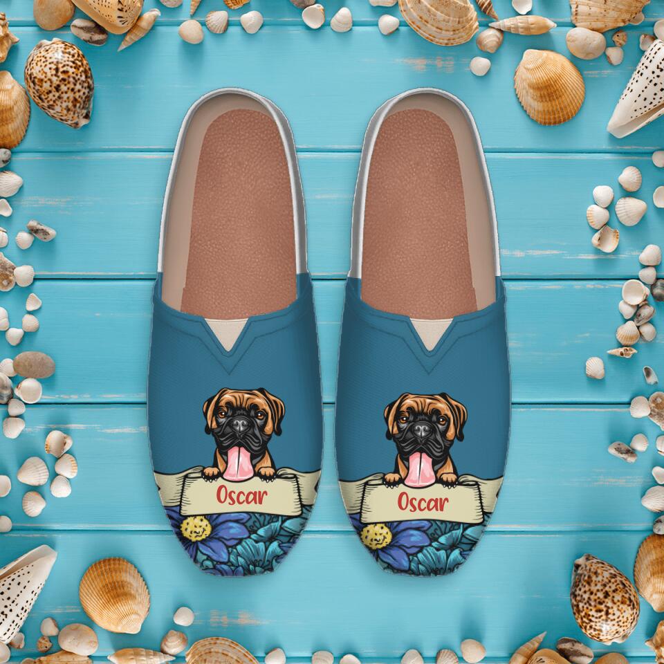 A pair of blue canvas fisherman shoes for women, featuring a personalized 'Oscar' dog graphic print, viewed from directly above.