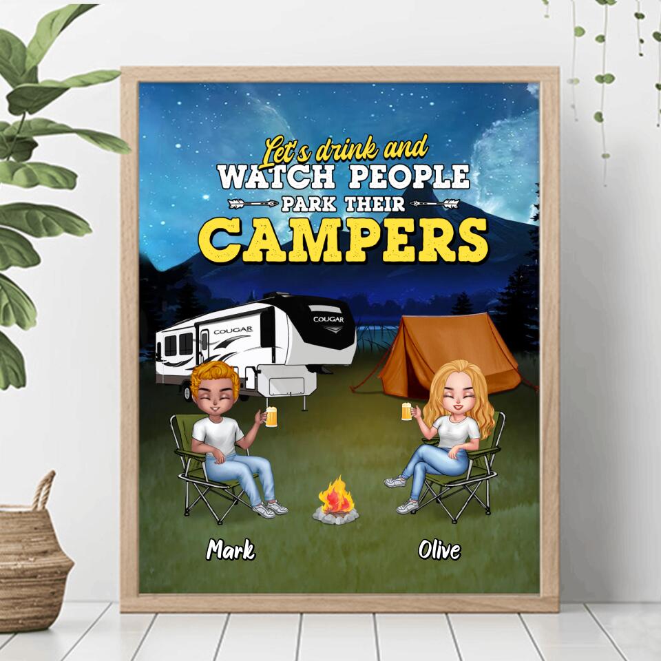 Personalized Camping Friends Poster - Up to 7 People - Gift For Camping Lovers/Friends - Let's Drink And Watch People Park Their Campers