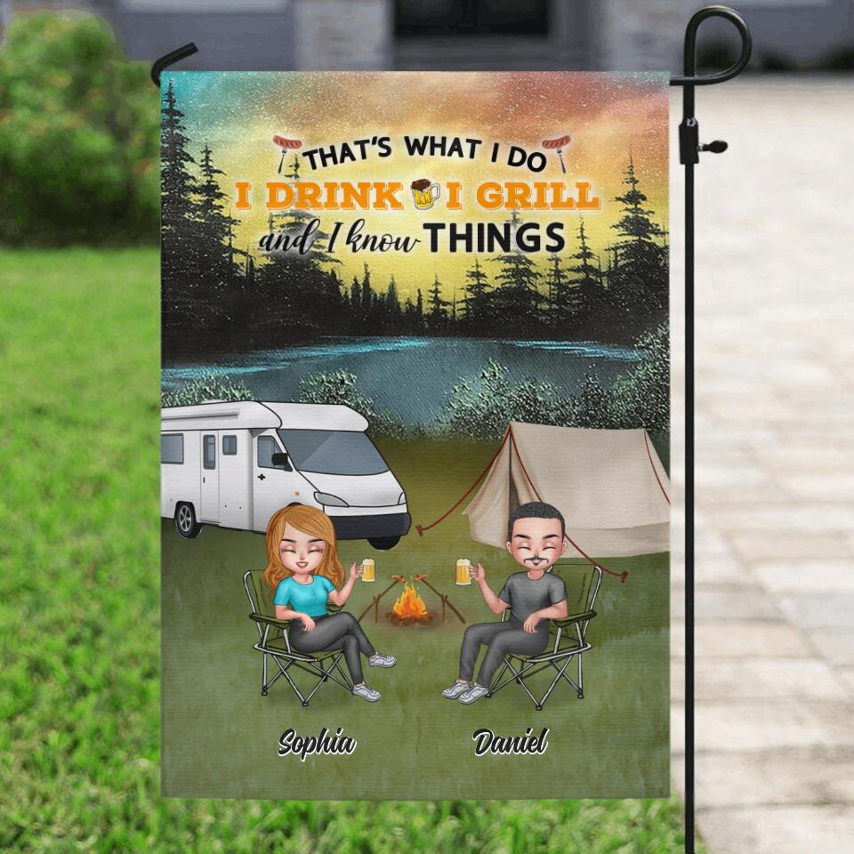Personalized Camping Flag Sign - Gift Idea For Couple/Camping Lovers - That's What I Do I Drink I Grill and I Know Things