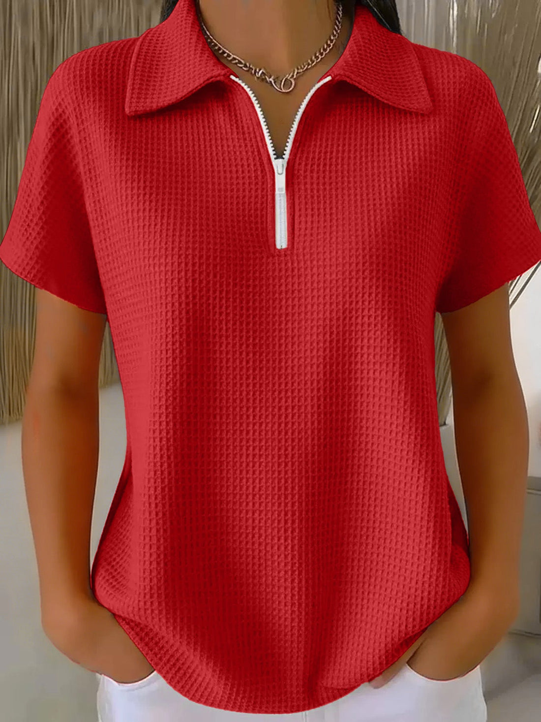 Drop Shoulder Half-Zip Waffle Knit Top with 3/4 Sleeves